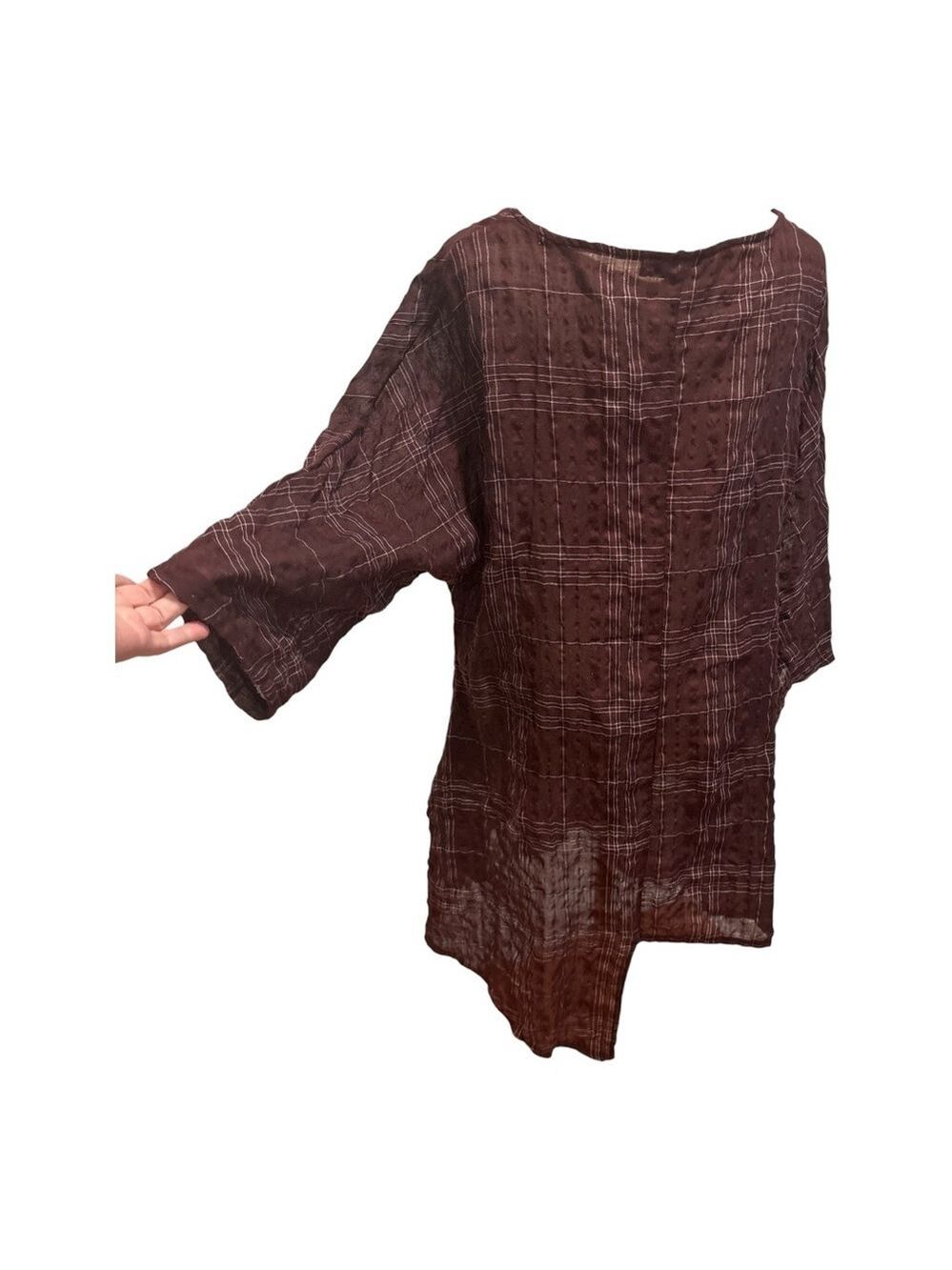 ZANZEA COTTON CREPE BURGUNDY WINDOW PANE PLAID SCOOP NECK 3/4 SLEEVE TUNIC TOP M - Picture 5 of 5